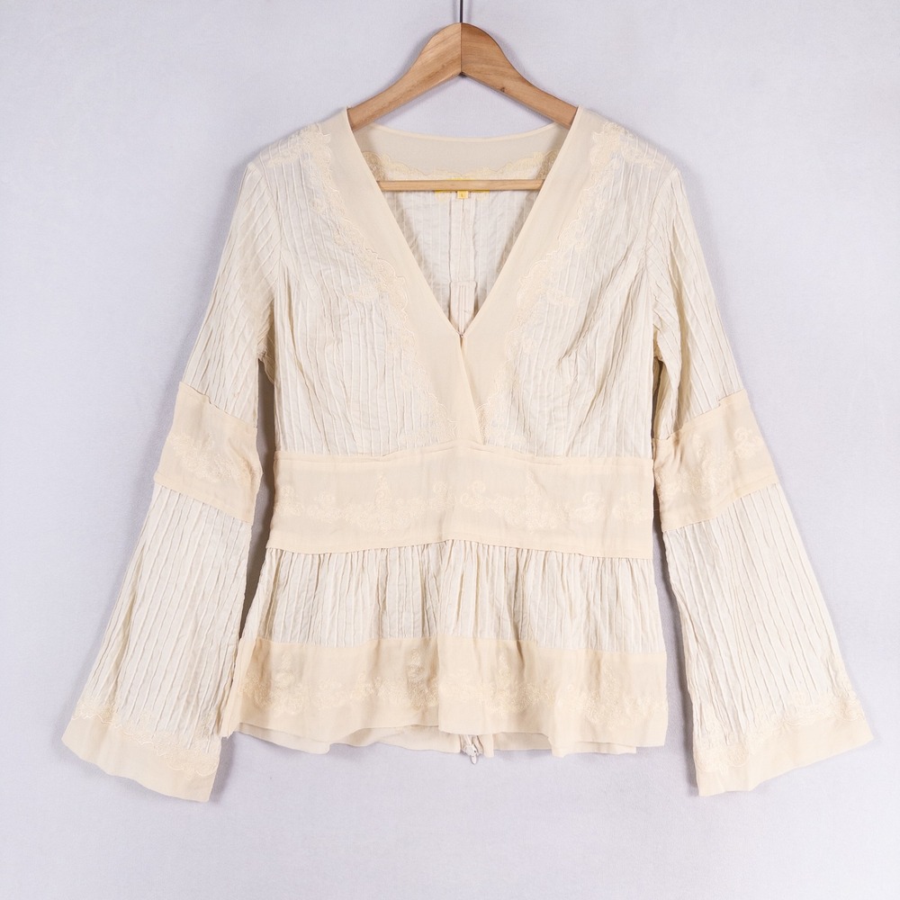 Catherine Malandrino Ivory V-Neck Pleated A-line 100% Cotton Blouse, Large